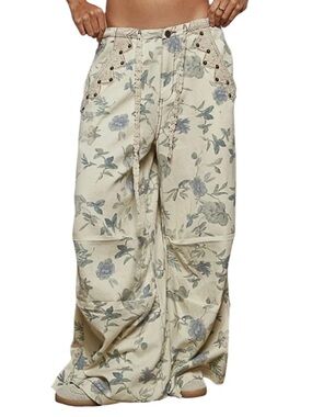 POL Wildflower Dusk Cream Drawstring Wide Leg Pants S